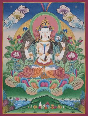 Four Armed Chengrezig Thangka | Original Hand-Painted Bodhisattva | Tibetan Buddhism Art